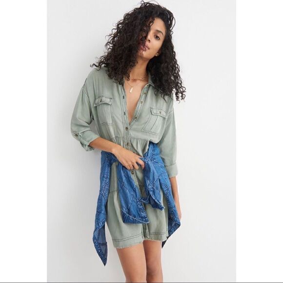 NEW Anthropologie Pilcro Deanne Moss Tiered Mini Button Front Shirtdress Large - Picture 2 of 8